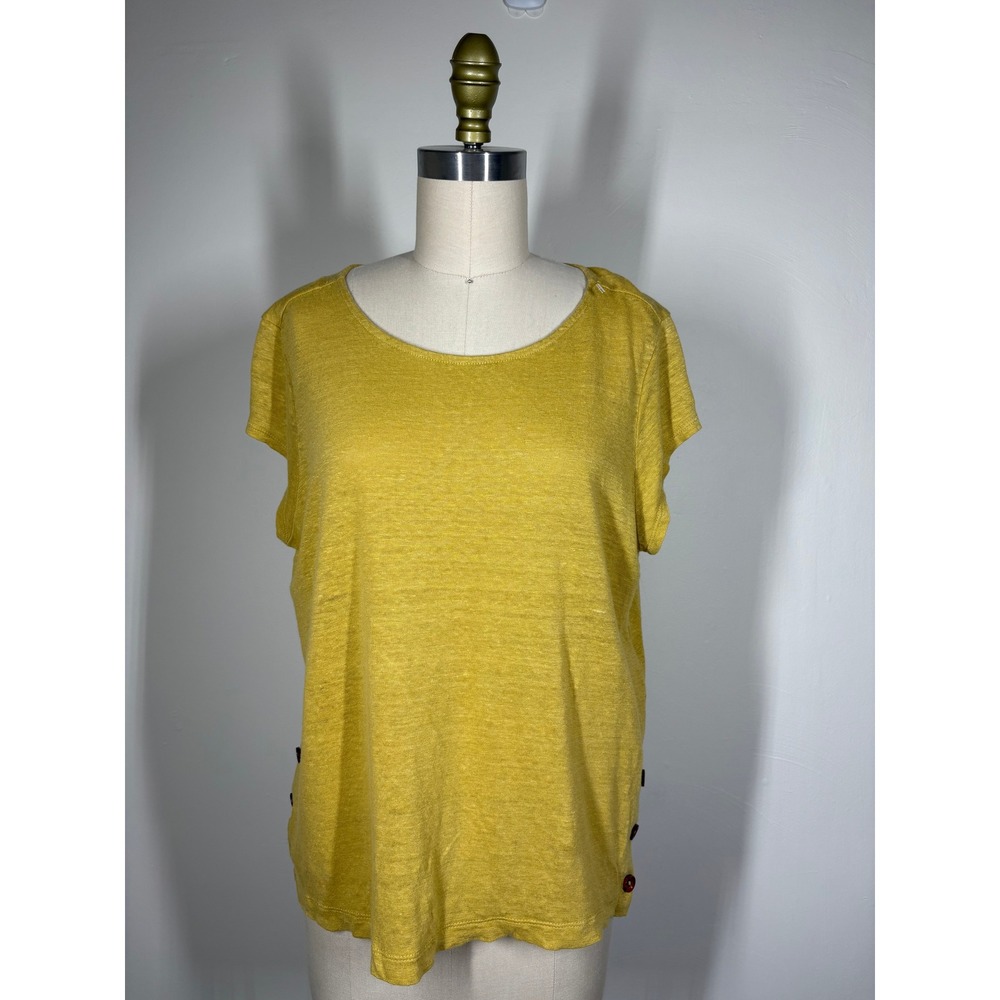 Tahari Womens Linen Top Medium Yellow Side Button Detail Boho Coastal Minimalist